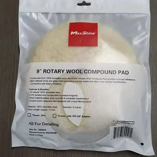 MaxShine Australian wool compound pad for rotary polishers, showing soft wool fibers and durable construction for car detailing.