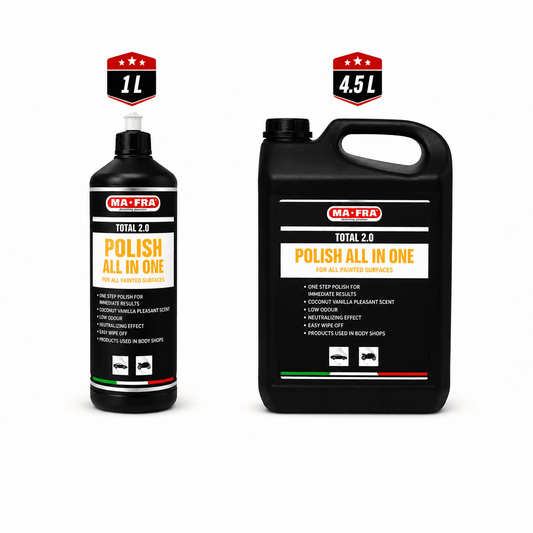 Mafra Total 2.0 All-in-one Car Polish cutting compound applied on car surface for polishing and scratch removal.