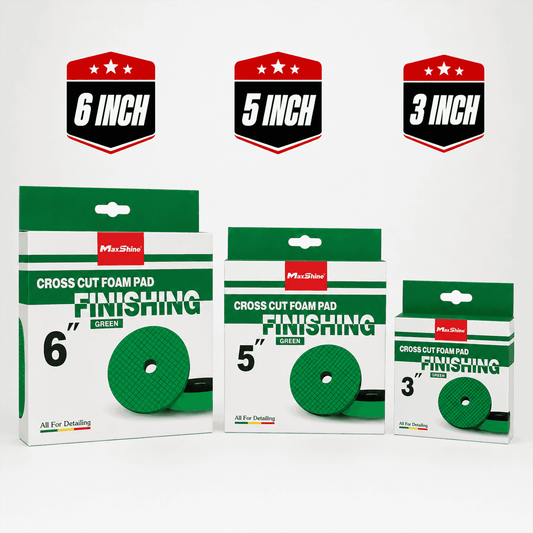 Green MaxShine 3-inch cross-cut foam finishing pad for polishing and detailing on automotive surfaces.