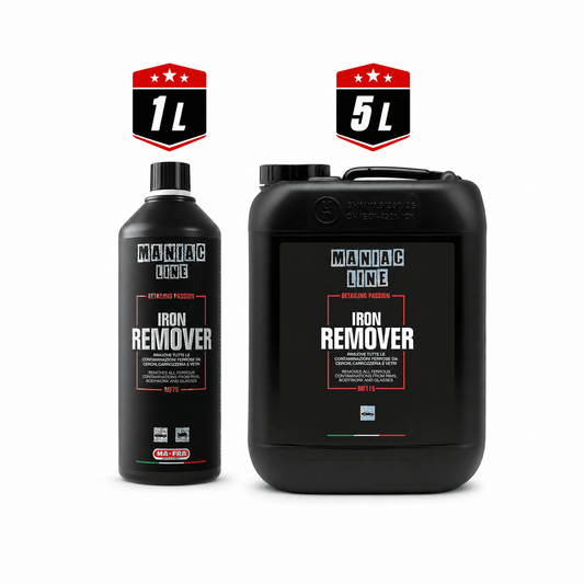 Maniac Line Iron Remover glass cleaner bottle with spray nozzle, designed for cleaning and removing iron stains from glass surfaces.