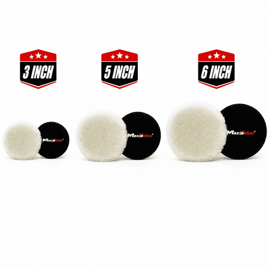 MaxShine Wool Cut & Polish Pad in 3, 5, and 6 inches, showing soft wool surface for car polishing and cutting.