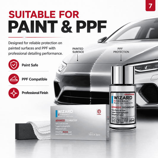 Fireball Wizard Graphene Coating for car, 105ml set (35ml x 3), showcasing sleek packaging and application surface for durable protection.