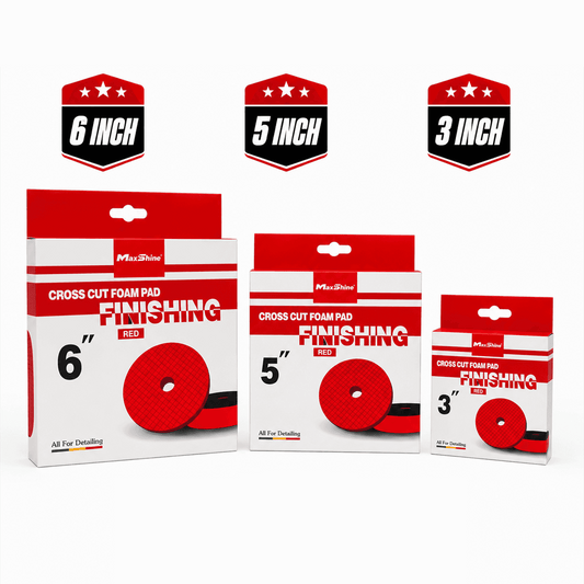 Red MaxShine 3-inch cross cut foam finishing pad for polishing and detailing cars, showcasing layered foam surface.