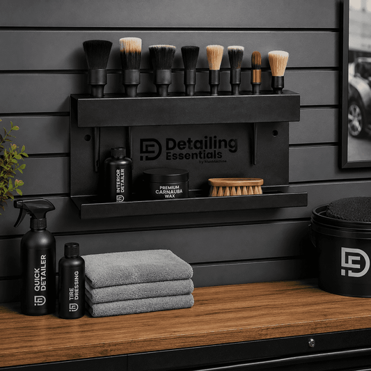 Wall-mounted detailing tool holder with brush and bottle compartments by Detailing Essentials for organized car detailing.