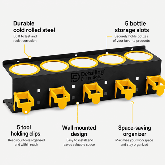 Wall-mounted Detailing Essentials compound bottle holder for organizing polishing products in a car detailing setup.