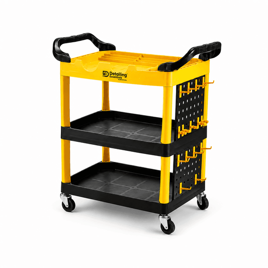 Professional Detailing Essentials trolley with multiple shelves and compartments for car detailing tools and supplies.
