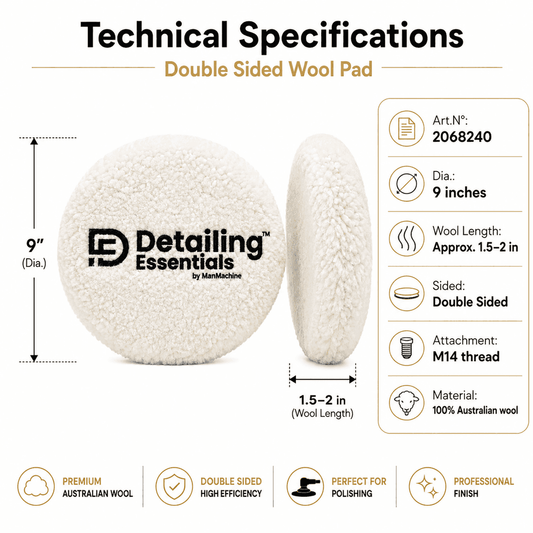 Double-sided wool pad by Detailing Essentials for heavy cutting and buffing, shown with plush wool surface on both sides.