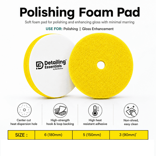 Detailing Essentials flat foam polishing pad for car gloss enhancement, designed for effective paint polishing and finishing.