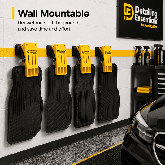 Wall-mounted Detailing Essentials Foot Mat Holder for drying car mats, made of durable material, ideal for organized garage storage.
