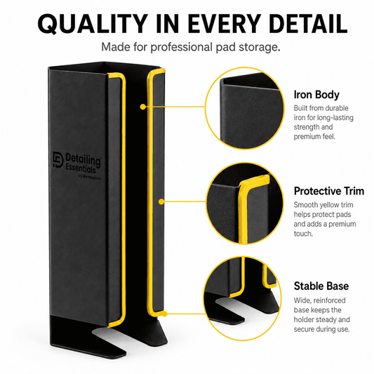 Wall-mounted Detailing Essentials Pad Holder for organizing polishing pads and detailing tools efficiently.