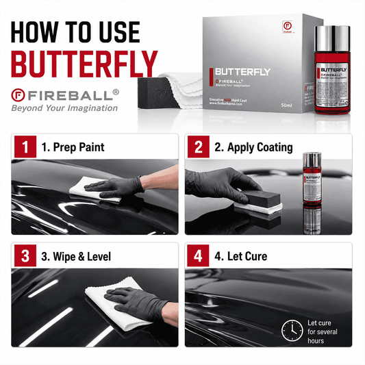 Fireball Butterfly Ceramic Coating 50ml bottle, high-quality ceramic coating with 5-year warranty for vehicle protection.