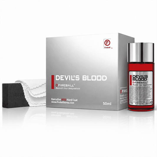 Fireball Devil's Blood 3 Years Ceramic Coating 50ml for paint protection, showcasing the sleek bottle and application surface.