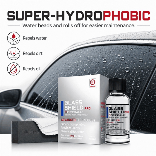 Fireball Glass Shield Pro 50ml ceramic coating on car windshield showing hydrophobic rain-repellent effect and clear wet weather visibility