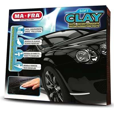 Mafra Dark Clay Bar 200g for car paint decontamination, shown in a close-up image of the clay bar on a white background.