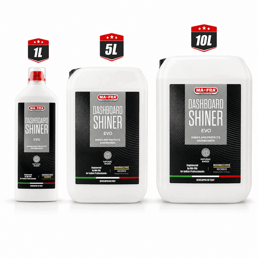 Mafra Dashboard Shiner Evo dashboard polish applied to a car's dashboard, enhancing shine and interior care.