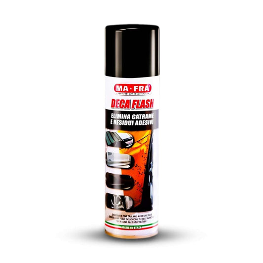 Mafra DECA FLASH Tar and Adhesive Remover Spray 250ml removes tar, glue residues, and stickers gently on car paint.