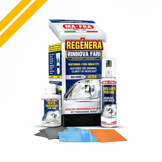 Mafra Headlight Kit with decontamination cleaner for headlight restoration, showing cleaning tools and restored headlights.