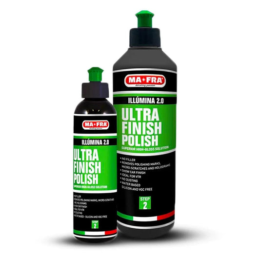 Mafra Illumina 2.0 Ultra Finish Polish for high gloss paint correction on cars, showcasing a shiny, smooth automotive surface.