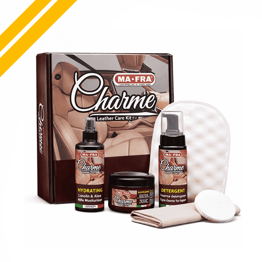 Mafra Leather Cleaning and Conditioning Kit with bottles and applicators for professional leather care and maintenance.