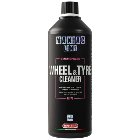 Maniac Line 1000ml tyre dressing and wheel cleaner for alloy and rubber, removing brake dust and road grime.