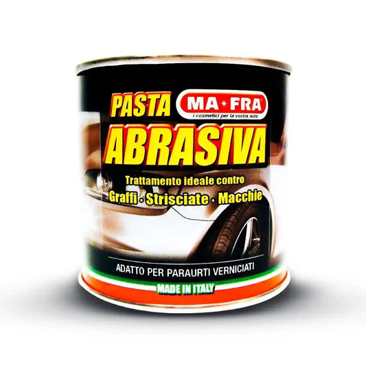 Mafra Pasta Abrasiva and Rubbing Paste for professional paint decontamination and cleaning, shown in a professional car care setting.