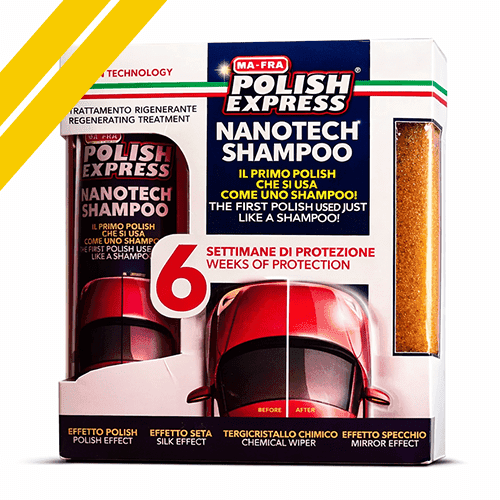 Mafra Polish Express 250ml Nanotech Car Shampoo with polishing sponge for easy washing, shine, and up to 6 weeks protection.