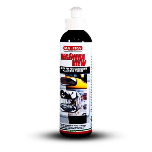 Mafra Regenera View headlight cleaner for professional exterior care, showing a spray bottle and headlight surface cleaning in progress.