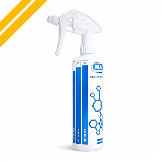 Mafra 500ml spray bottle for decontamination cleaning, shown with professional detailing tools and cleaning solution.