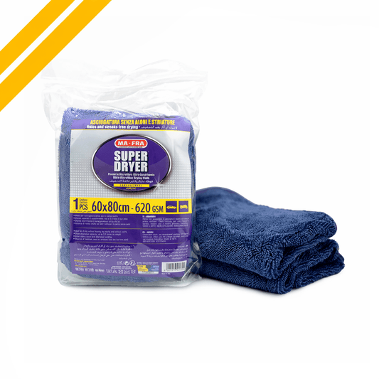 Mafra Super Dryer Microfiber Cloth 620GSM (60x80cm) | Ultra Absorbent, Lint & Streak - free Drying Towel For Car, Bike & Windows | Hairless Part For Glass Cleaning - Detailing Essentials
