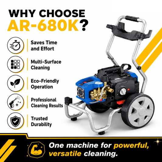 Manmachineworks AR 680K high-pressure car cleaner with spray gun and hose, designed for powerful vehicle washing.