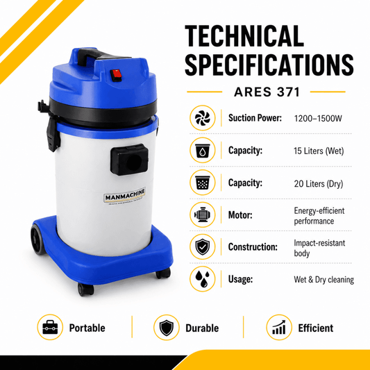 Manmachineworks ARES 37/1 wet and dry car vacuum cleaner with ergonomic design and powerful suction for vehicle cleaning.