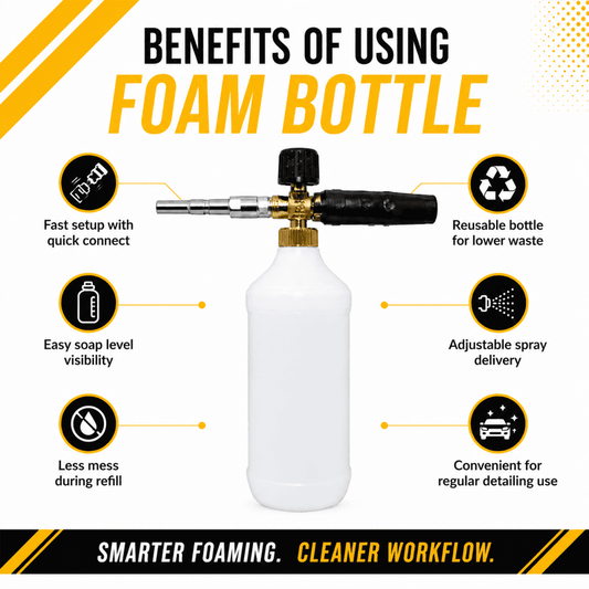 Manmachineworks foam bottle accessory with a white foam spray nozzle and clear plastic container for cleaning or detailing.
