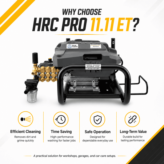 Manmachineworks HRC PRO 11.11 ET single-phase high pressure car washer with spray gun and hose for vehicle cleaning.