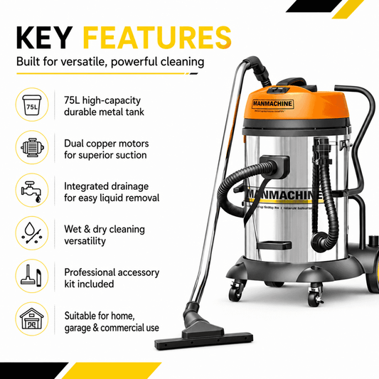 Manmachineworks MMWECO-75L wet and dry car vacuum cleaner with hose and attachments on a clean surface.