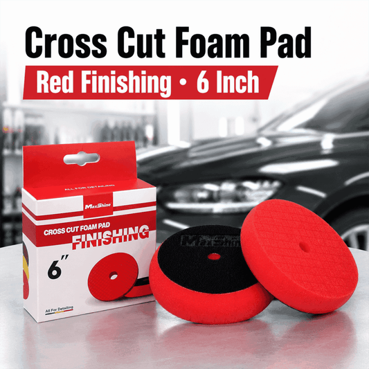Red MaxShine 3-inch cross-cut foam finishing pad for polishing and detailing on automotive surfaces.