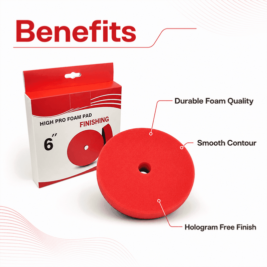MaxShine High Pro Red Foam Finishing Pad for polishing and buffing, shown in 5.2 and 6.2-inch sizes.