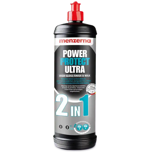 Menzerna Power Protect Ultra 2in1 1L car polish and paint sealant in a clear bottle with a white cap.