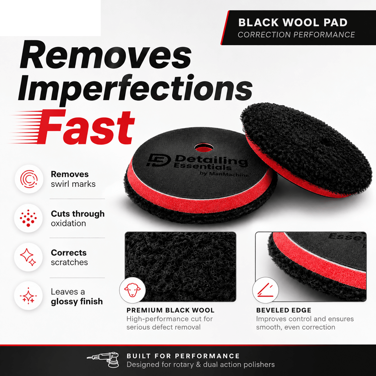 Detailing Essentials Black Wool Pad | 5 Inch / 6 Inch Cutting Wool Pad - Detailing Essentials