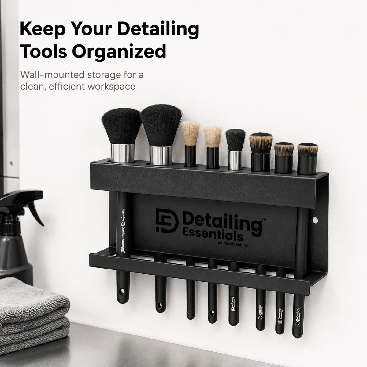 Detailing Essentials Brush & Bottle Holder | Wall Mounted Detailing Organizer - Detailing Essentials