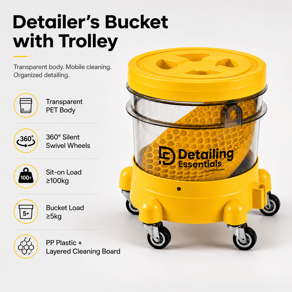 Detailing Essentials Detailing Bucket with Trolley | Transparent Wash Bucket with Wheels - Detailing Essentials