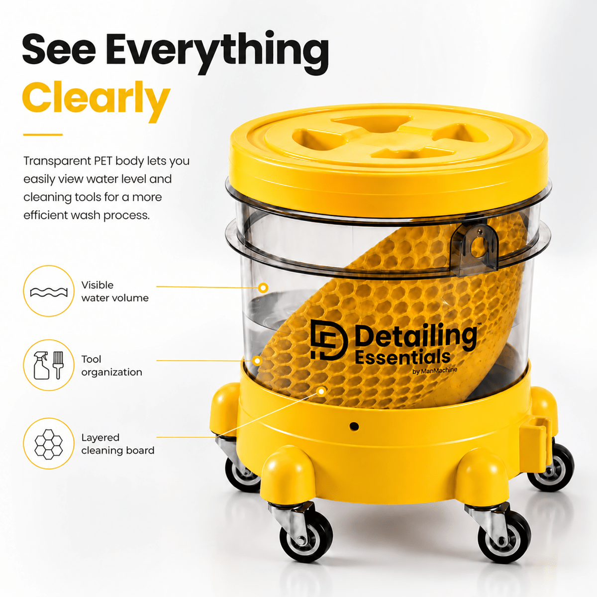 Detailing Essentials Detailing Bucket with Trolley | Transparent Wash Bucket with Wheels - Detailing Essentials