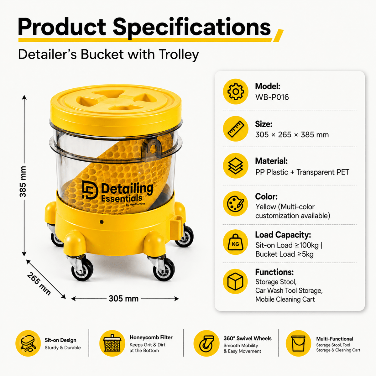 Detailing Essentials Detailing Bucket with Trolley | Transparent Wash Bucket with Wheels - Detailing Essentials