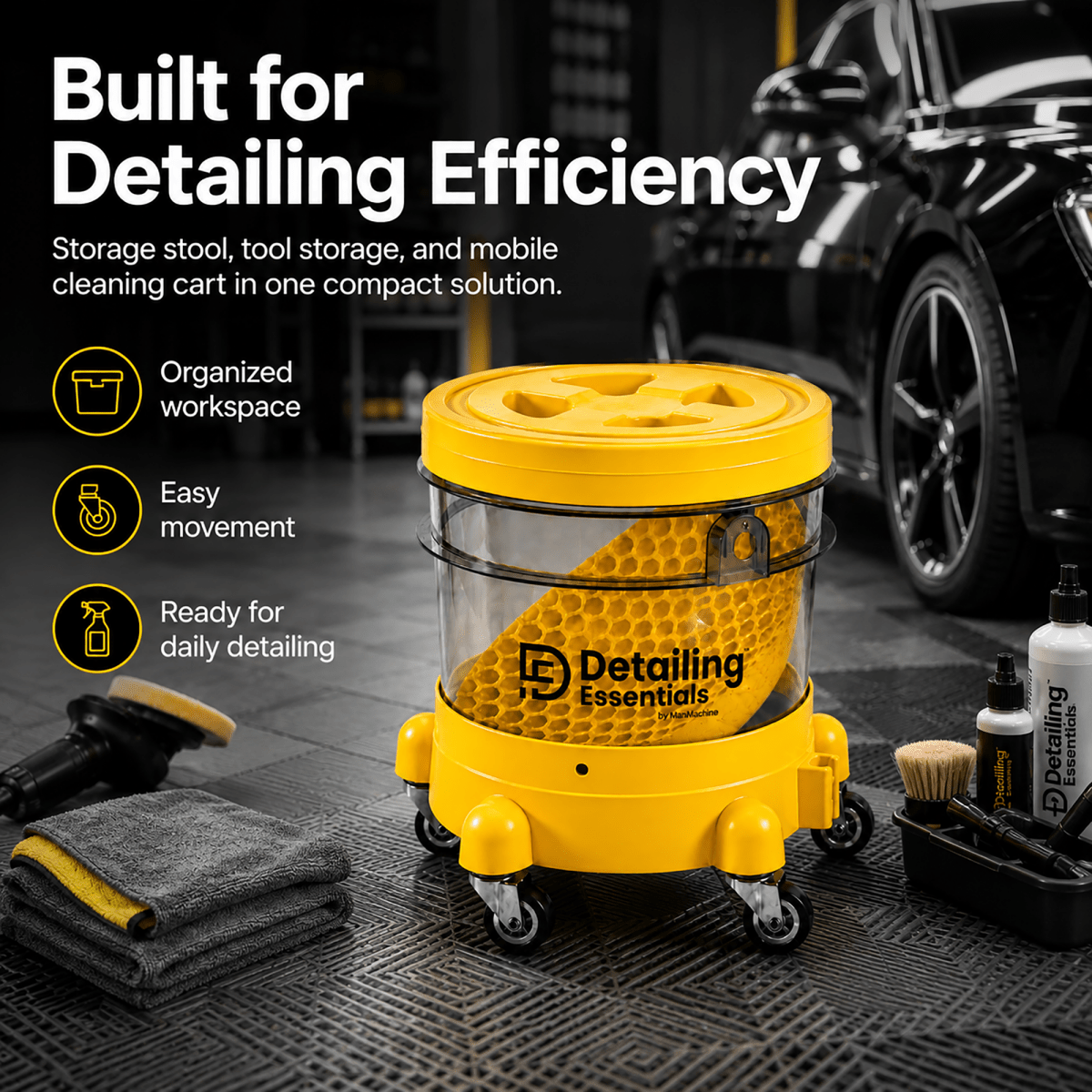 Detailing Essentials Detailing Bucket with Trolley | Transparent Wash Bucket with Wheels - Detailing Essentials