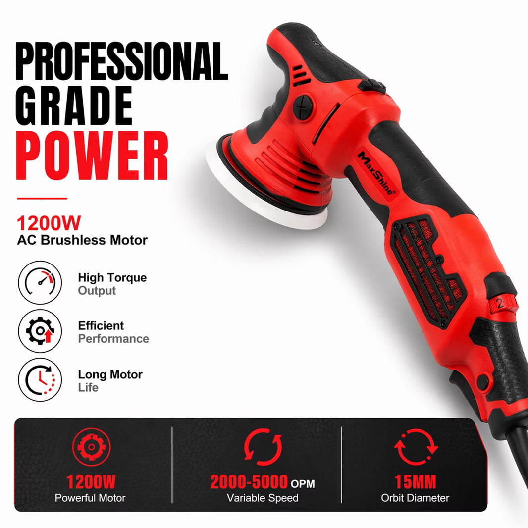 Maxshine 15mm Brushless Dual Action Polisher | 1200W AC Motor | Low Noise | Smooth Start | Variable Speed | Ergonomic Grip | Professional Car & Bike Detailing Tool