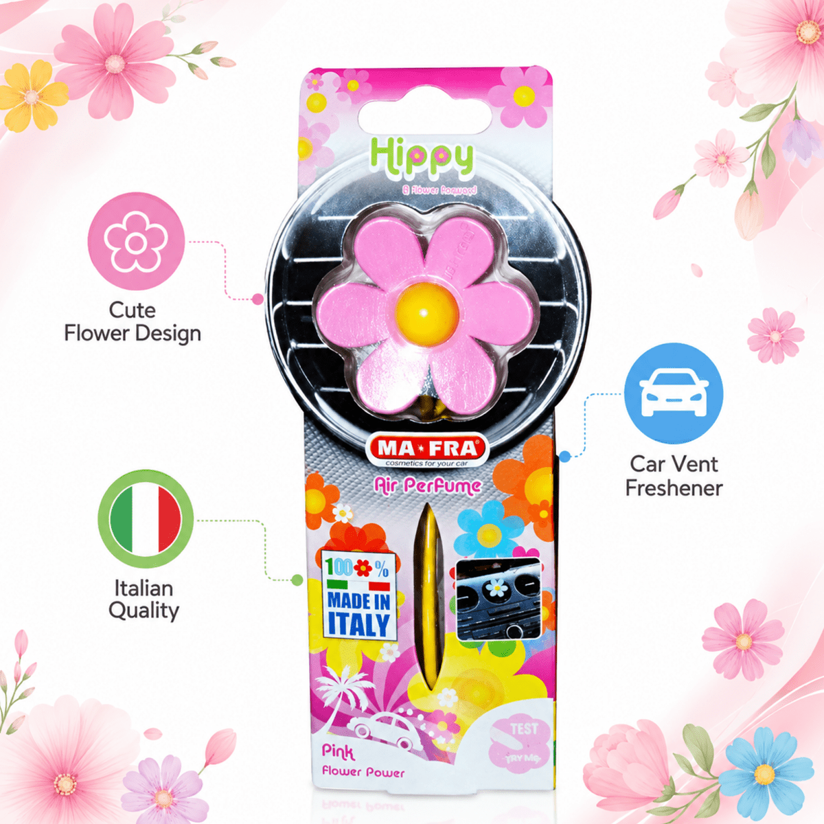 Ma - Fra Hippy Nature Trip Car Air Freshener – Love Freedom Scent | Blue Rubber Flower Design | Long - Lasting Aroma Up to 6 Weeks | Car Dashboard & Small Space Use - Detailing Essentials