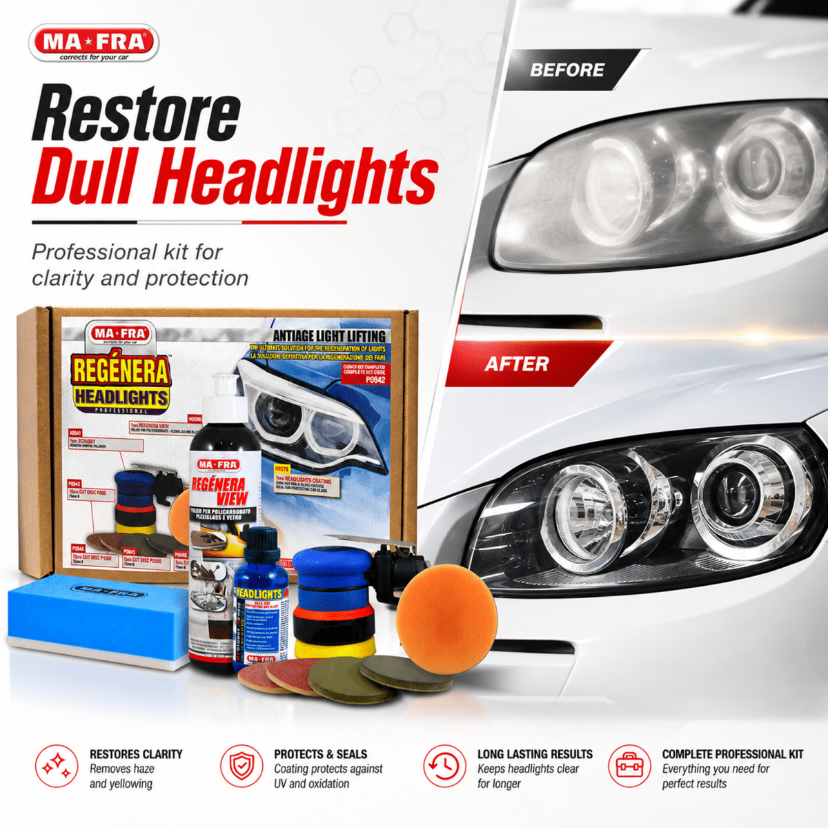 MA - FRA Professional Regenera Headlight Restoration Kit | Headlight Polishing & Repair Kit - Detailing Essentials