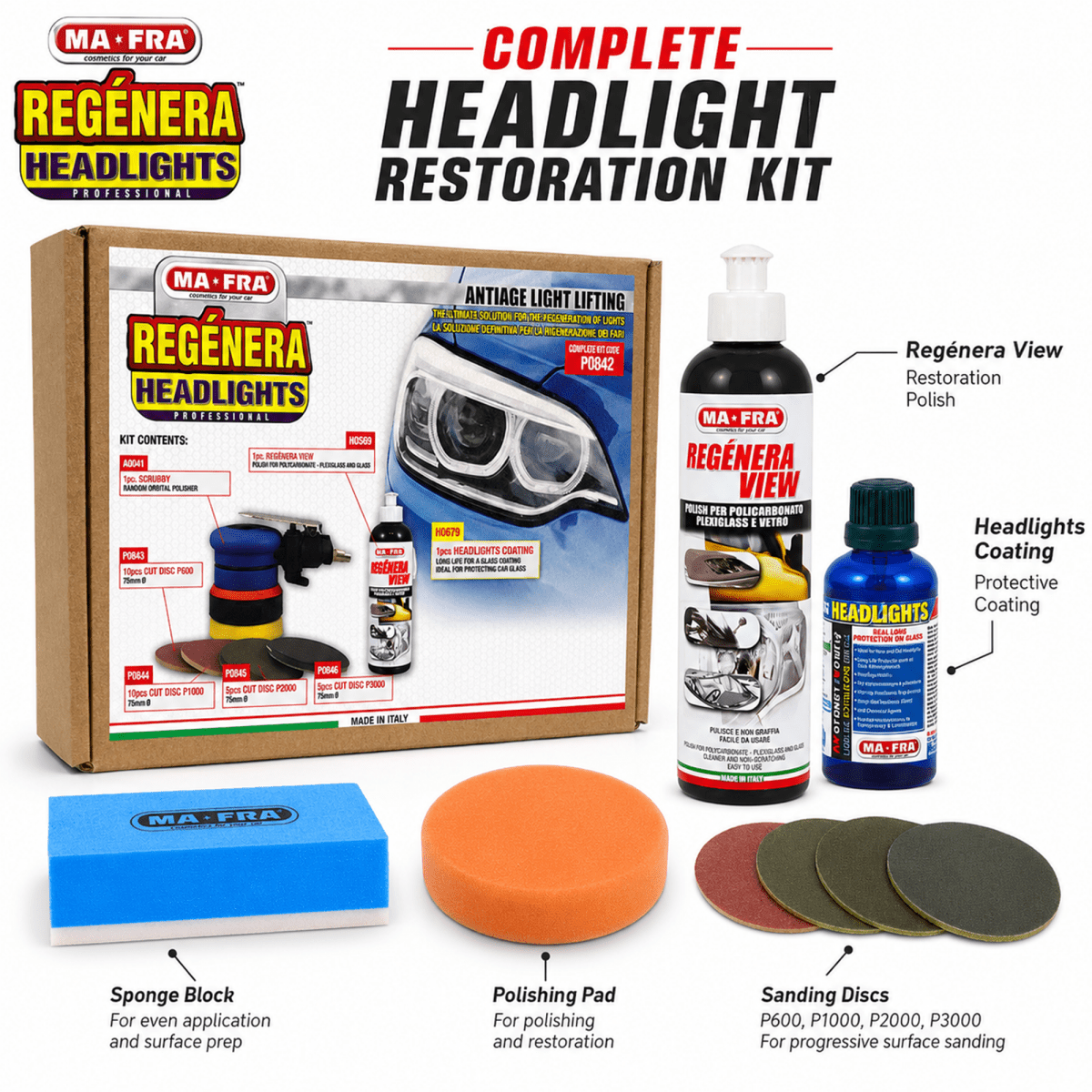 MA - FRA Professional Regenera Headlight Restoration Kit | Headlight Polishing & Repair Kit - Detailing Essentials