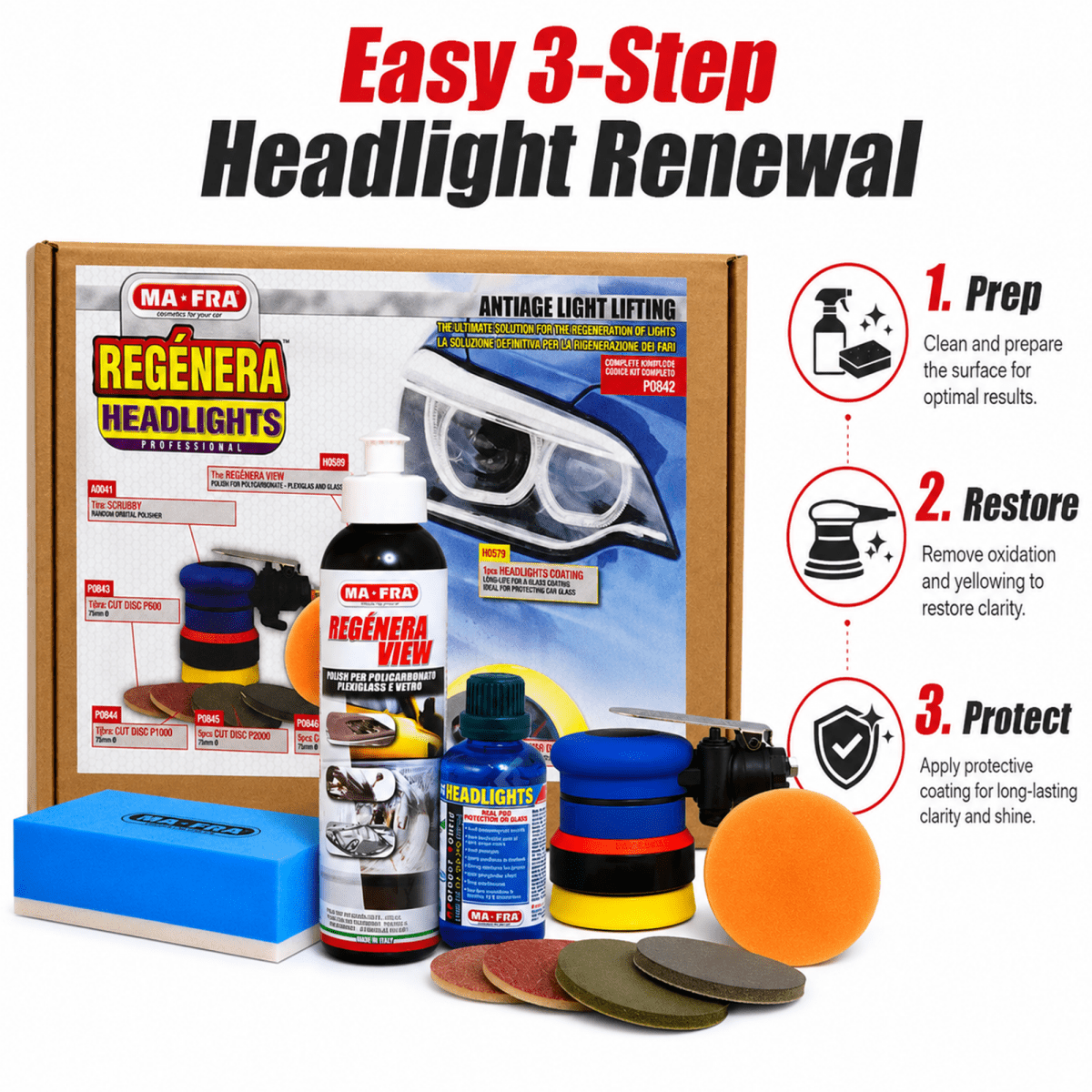 MA - FRA Professional Regenera Headlight Restoration Kit | Headlight Polishing & Repair Kit - Detailing Essentials