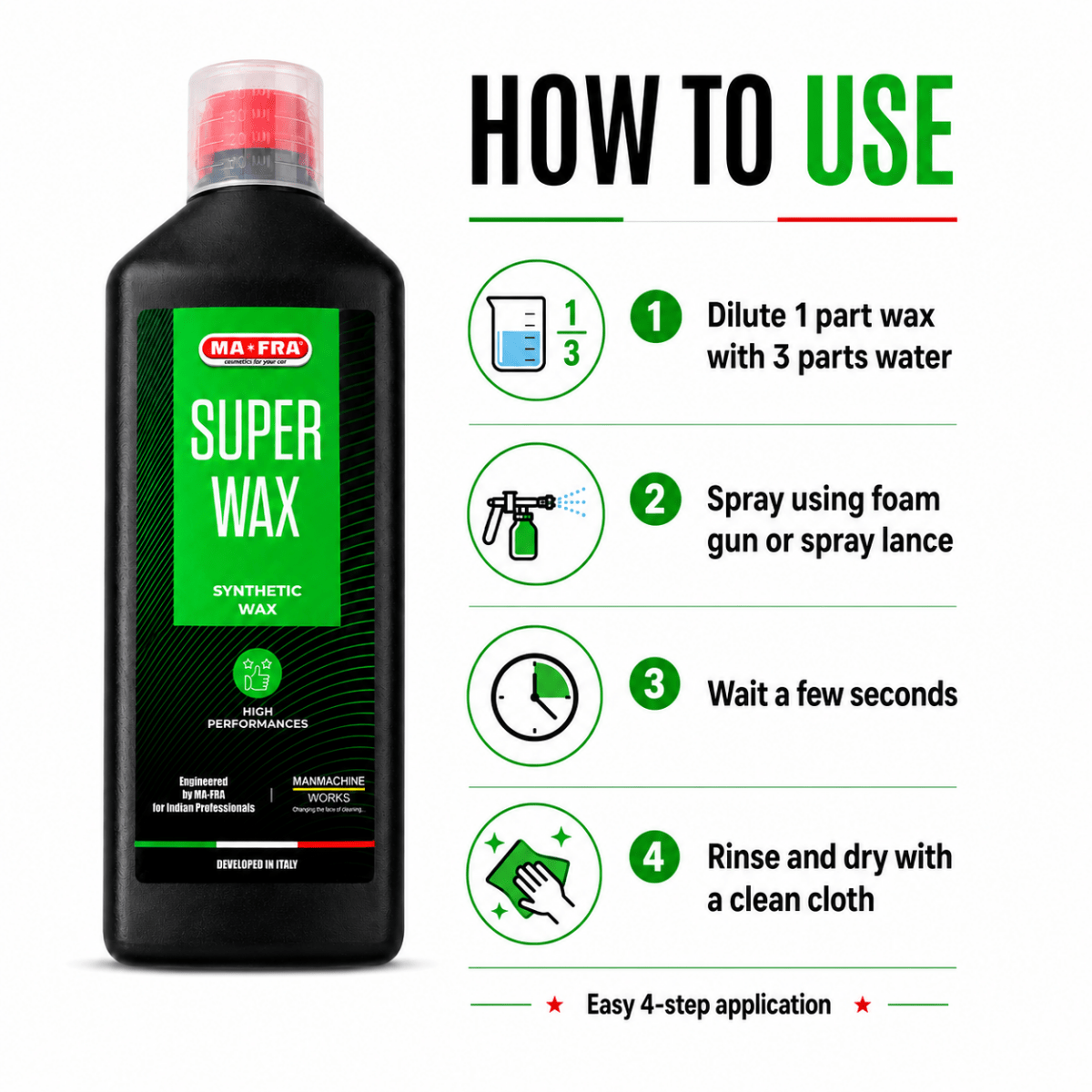 Mafra, 1 L Super Wax, Synthetic Wax, Long Lasting And High Performance, Eco - Friendly And Safe To Use With Dilution Ratio 1:9 Via Foam Gun (wash Up To 100 Times) - Detailing Essentials