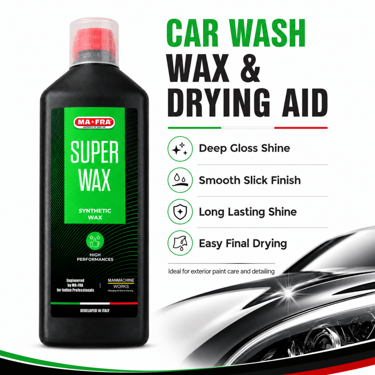 Mafra, 1 L Super Wax, Synthetic Wax, Long Lasting And High Performance, Eco - Friendly And Safe To Use With Dilution Ratio 1:9 Via Foam Gun (wash Up To 100 Times) - Detailing Essentials